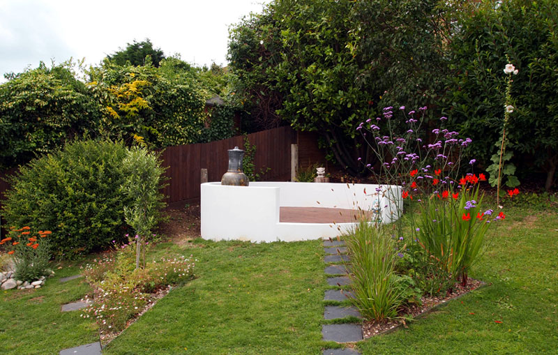 Walled deck with chiminea